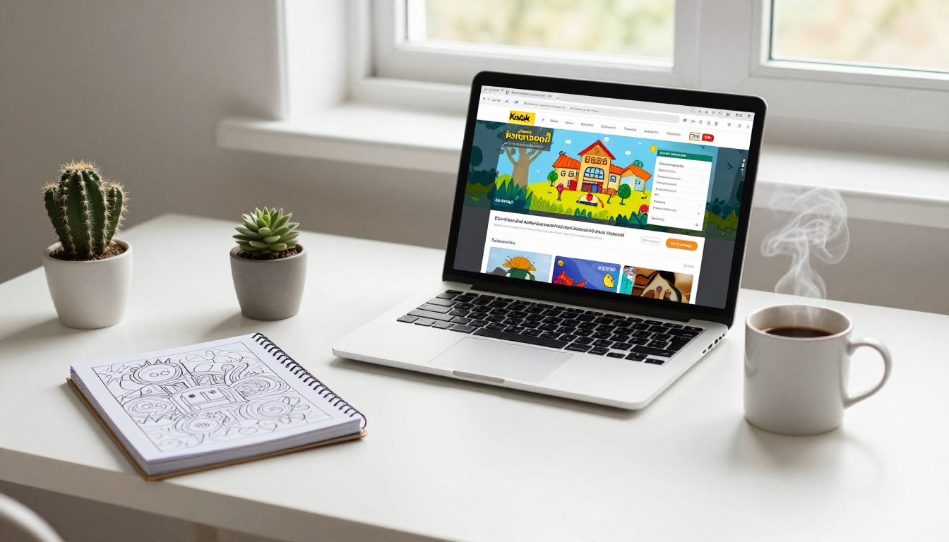 Home office desk with a laptop open to a flipbook website, a spiral coloring book, and a coffee mug
