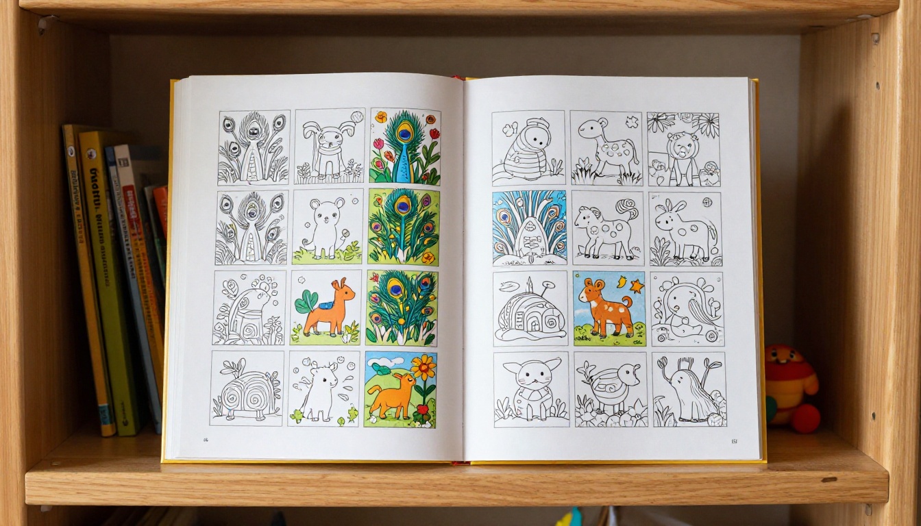 Children's coloring book standing upright on a wooden shelf with pages fanned open, warm afternoon light catching page edges