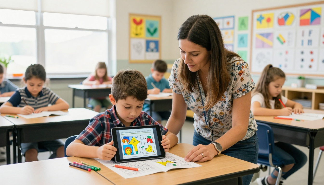 Teacher kneeling beside a student's desk in a bright classroom, both looking at a tablet showing a colorful flipbook