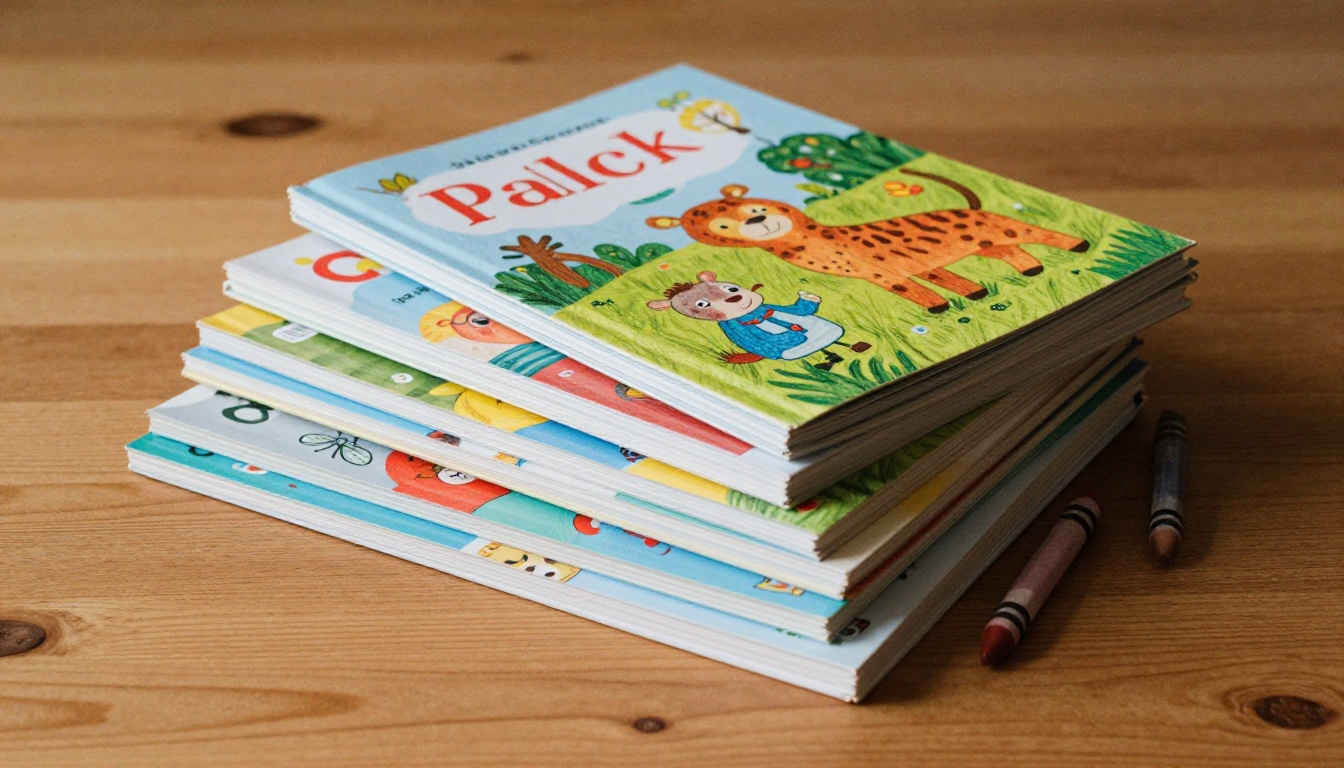 Stack of five children's coloring books on a wooden table with crayons beside them