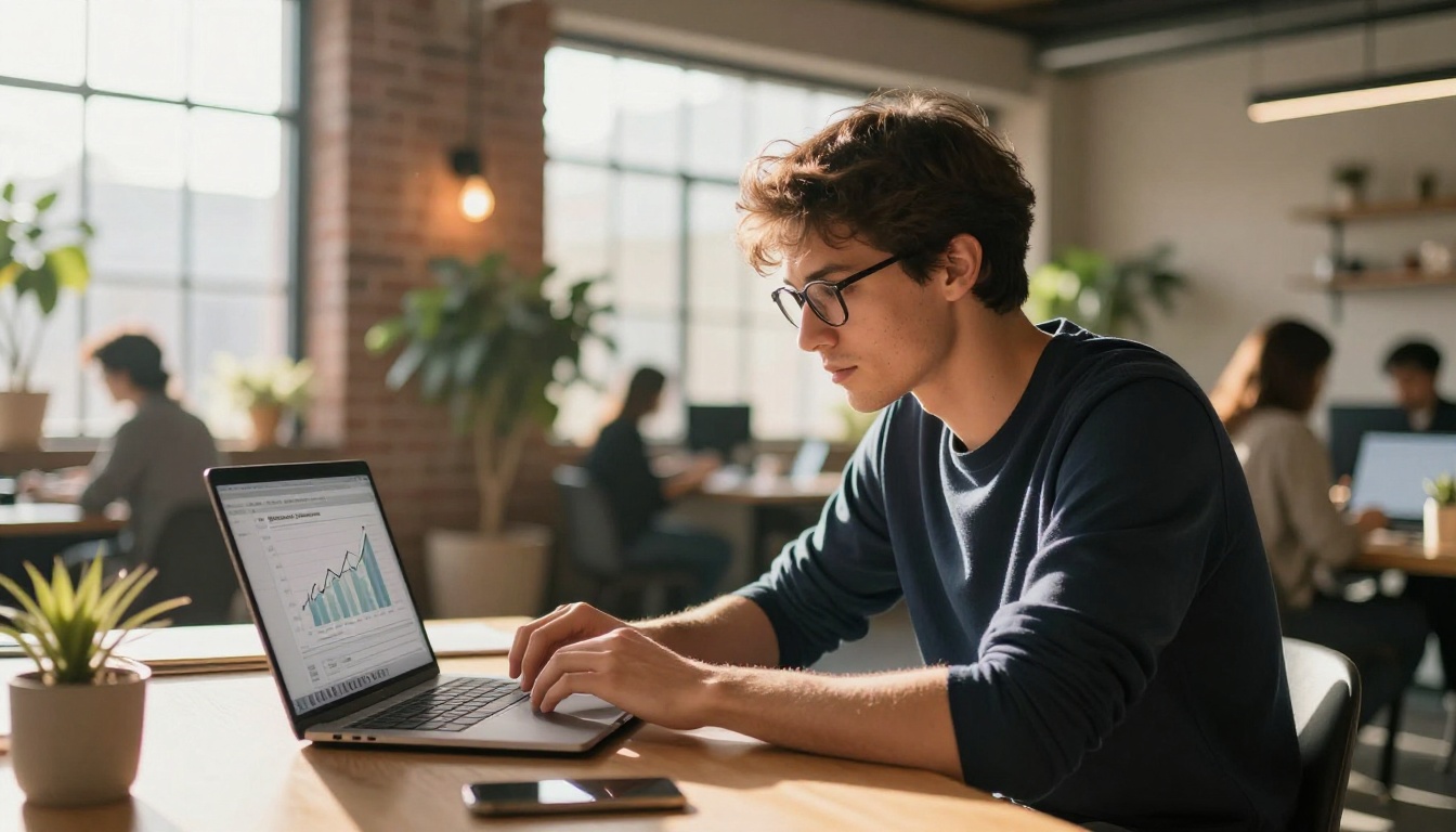 Entrepreneur reviewing subscription analytics on a laptop in a co-working space