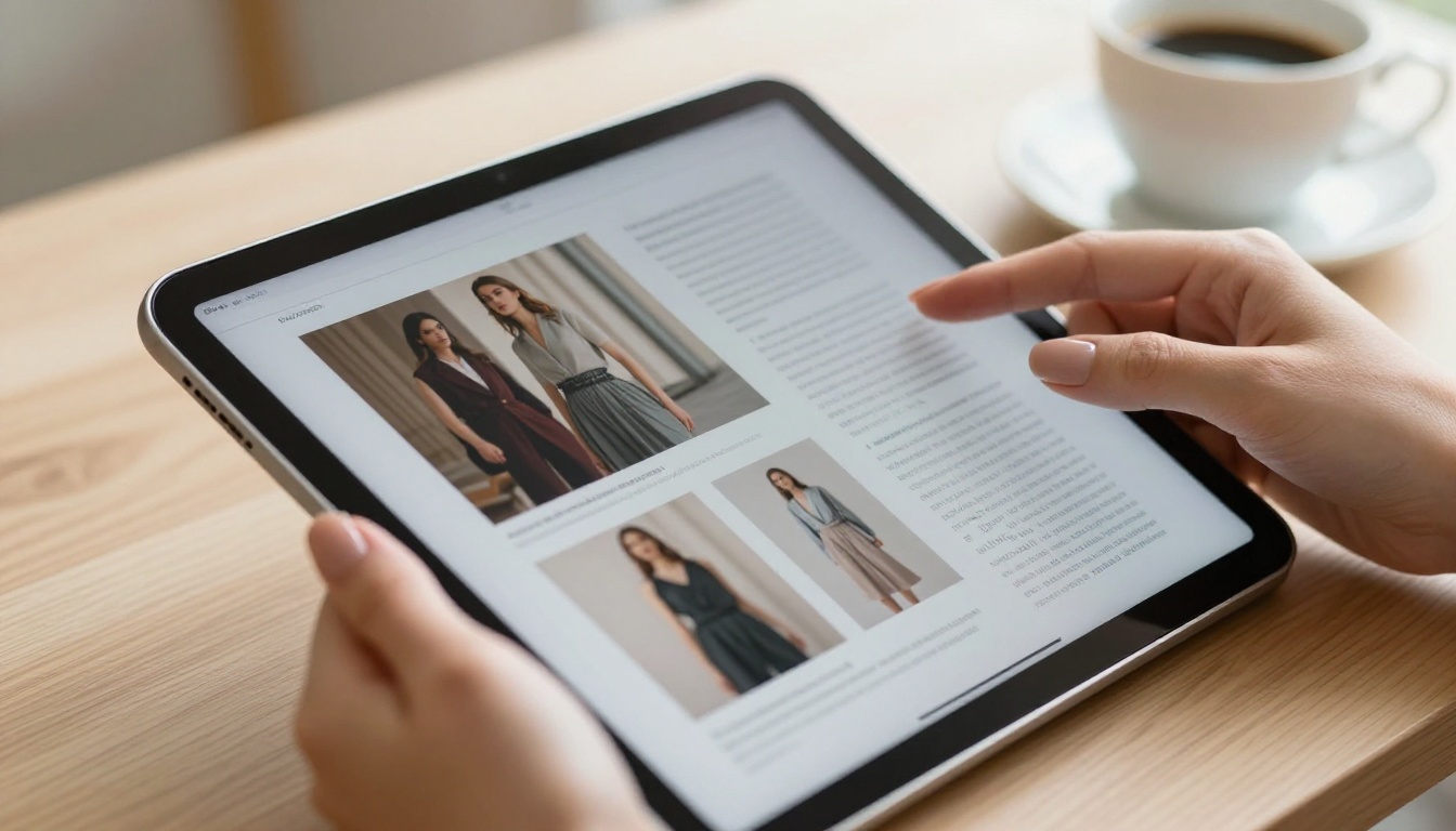 Close-up of hands holding a tablet displaying an interactive digital magazine spread