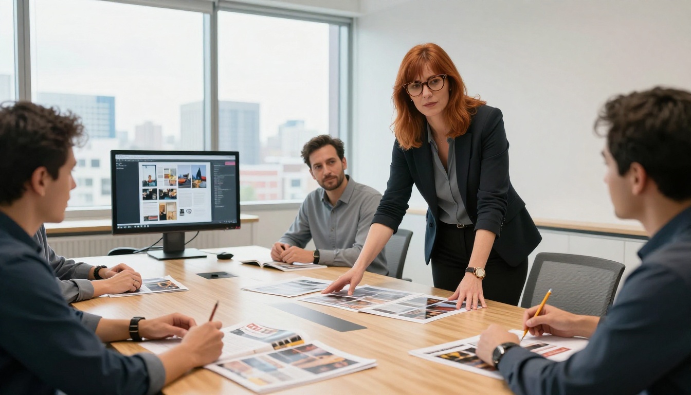 Creative director reviewing magazine layouts with team at a conference table