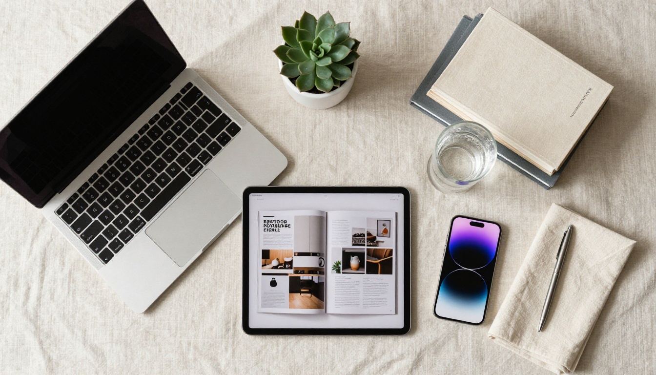 Aerial flat-lay of multiple devices all displaying the same digital magazine
