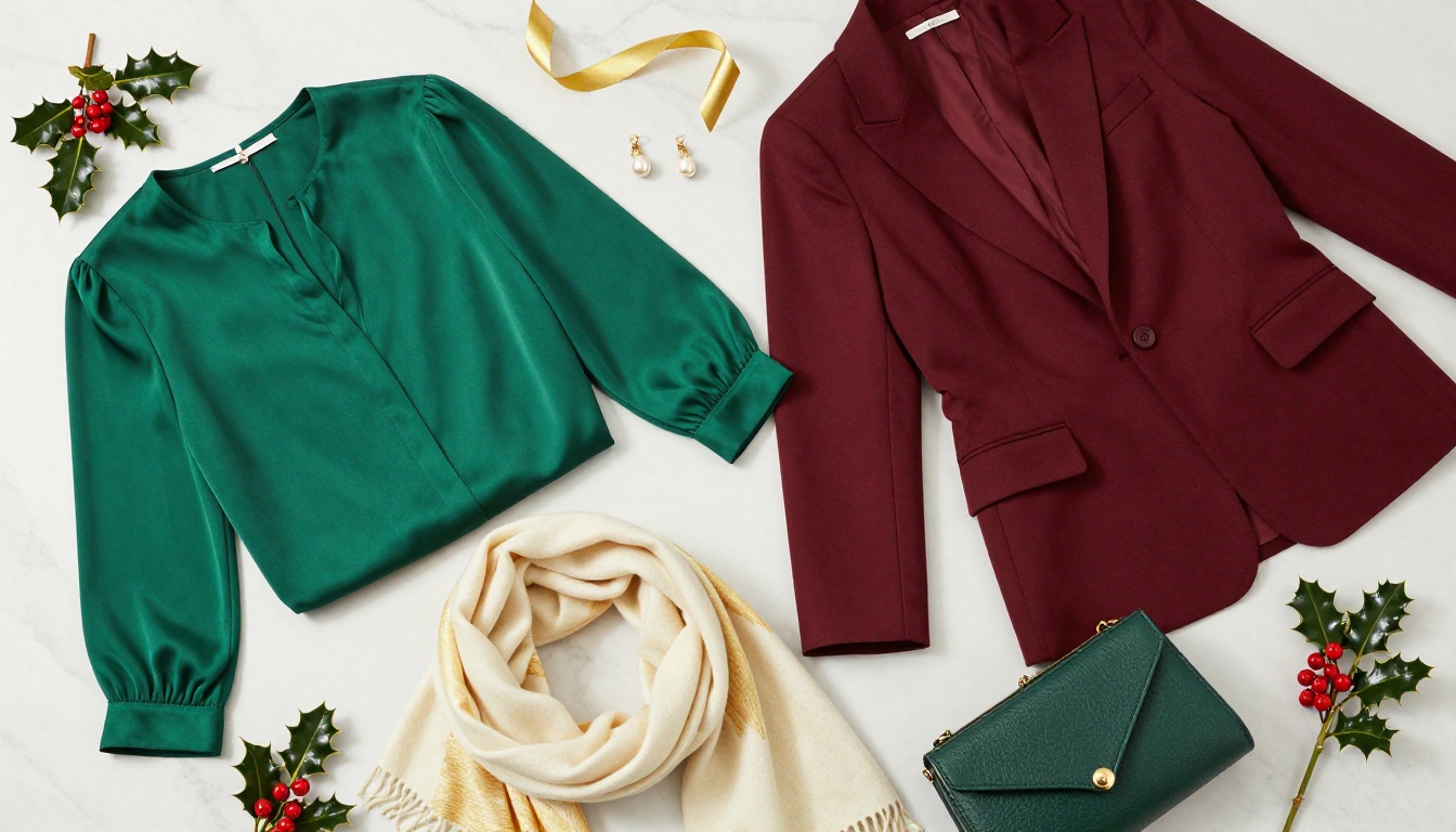 Holiday fashion flat lay with festive clothing items and accessories on marble surface