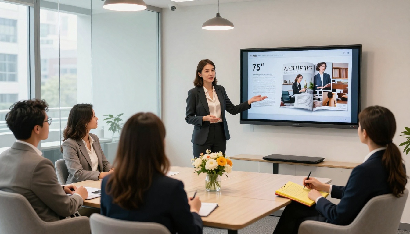 Professional woman presenting a digital magazine on a large screen in a boardroom
