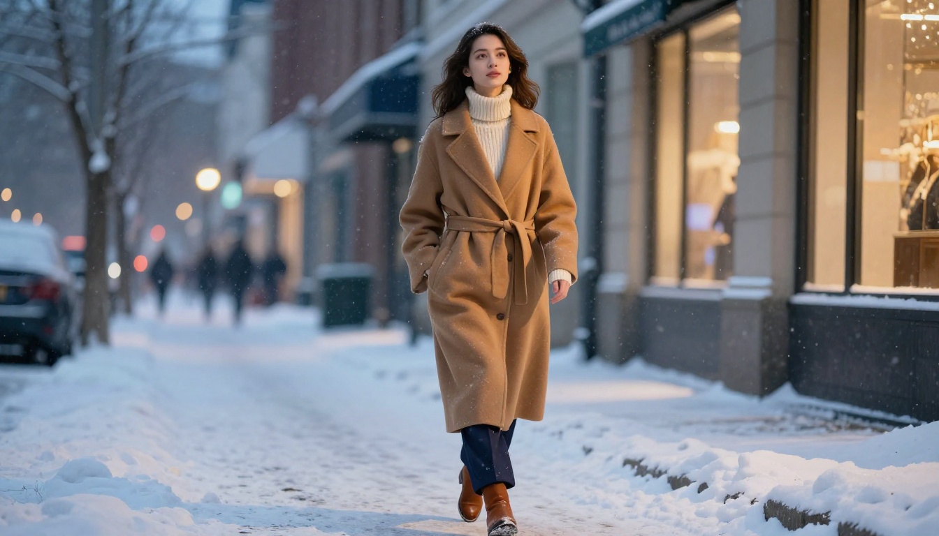 Woman in elegant camel wool coat walking through snow-covered city street at dusk with city lights glowing behind her