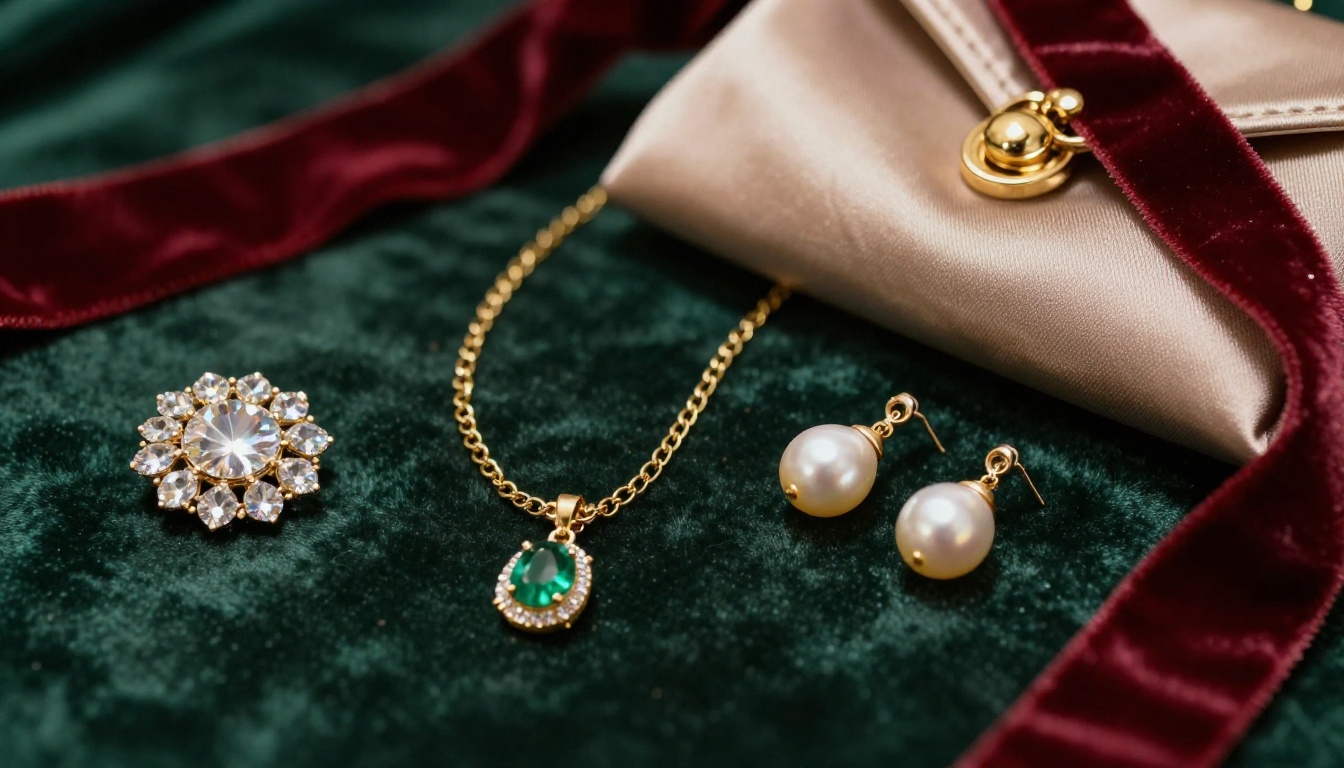 Extreme close-up of luxurious holiday accessories: crystal brooch, gold necklace, pearl earring, and satin clutch arranged on deep green velvet