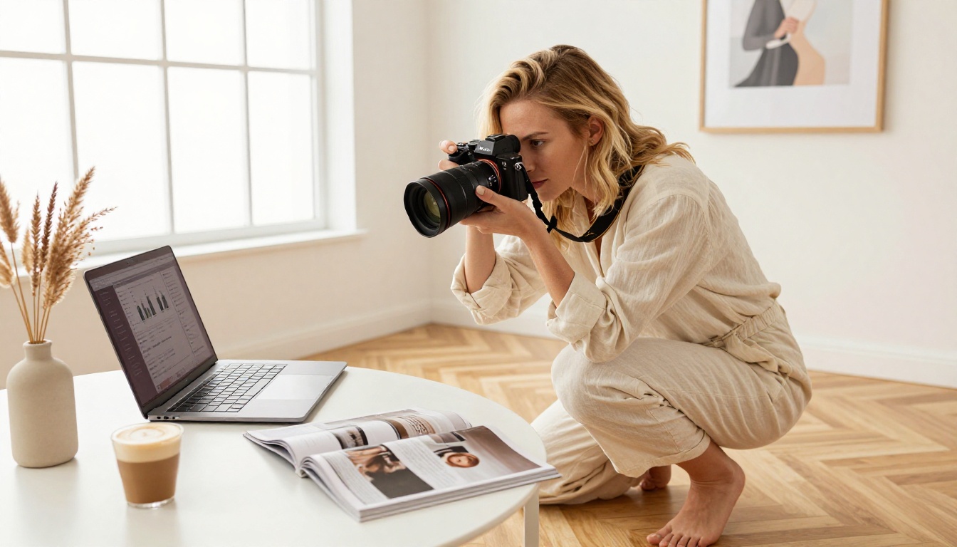 Lifestyle blogger photographing her magazine workspace from a low angle Lifestyle blogger photographing her magazine workspace from a low angle