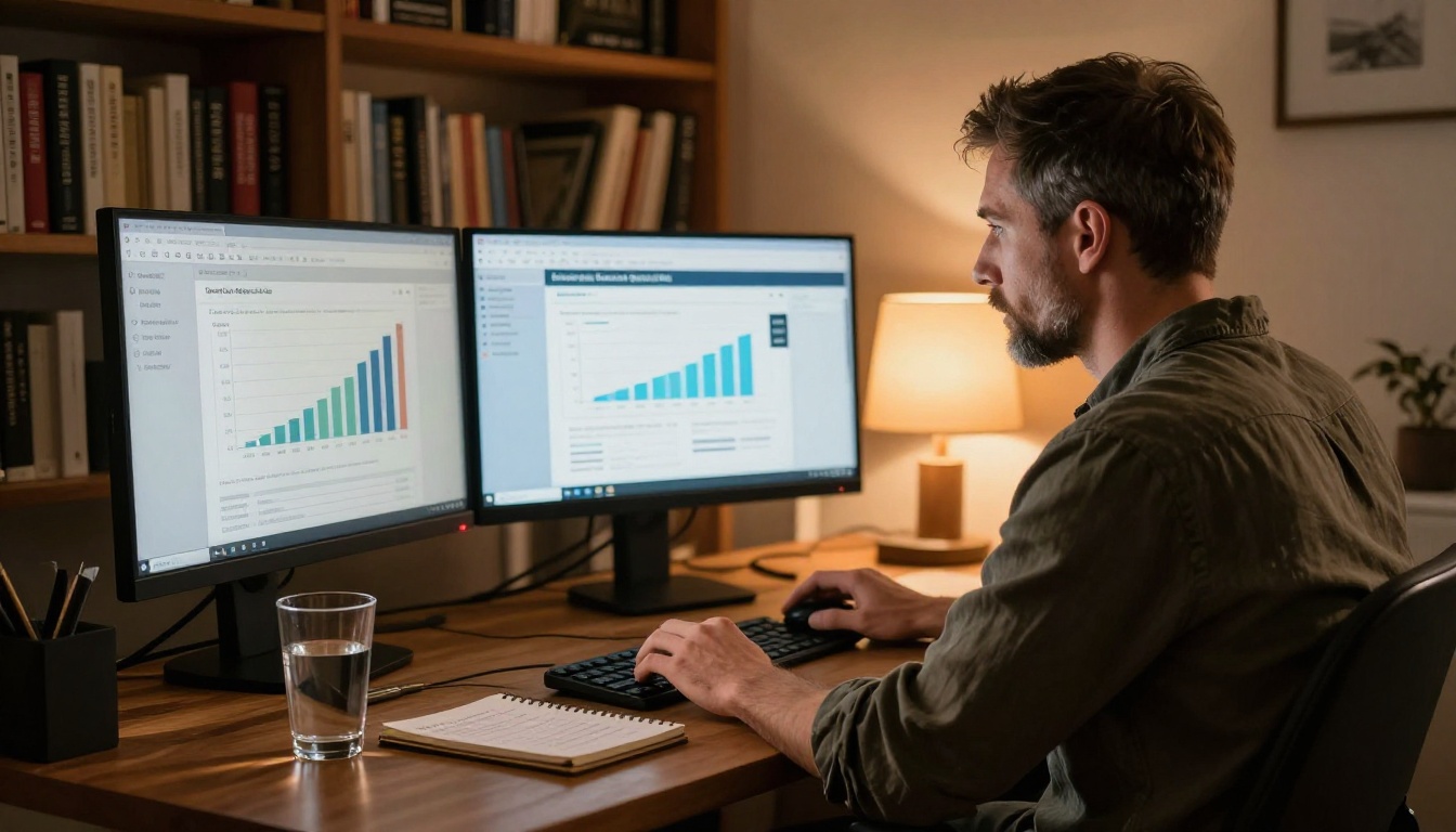 Man reviewing email newsletter analytics on dual monitors in a home office Man reviewing email newsletter analytics on dual monitors in a home office
