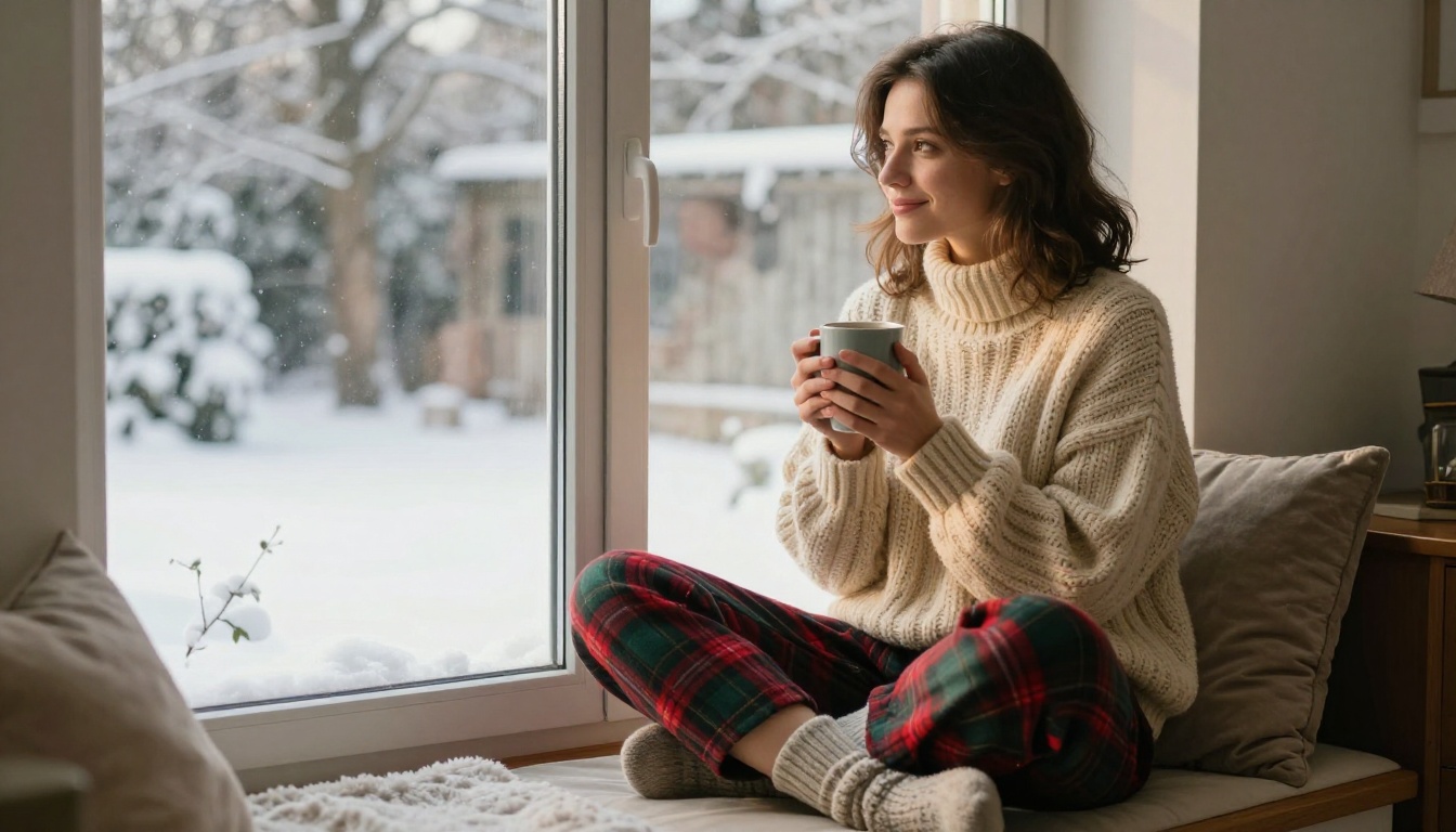 Woman in oversized cream chunky-knit sweater sitting cross-legged on a cozy window seat, holding a warm mug, snow visible through the glass