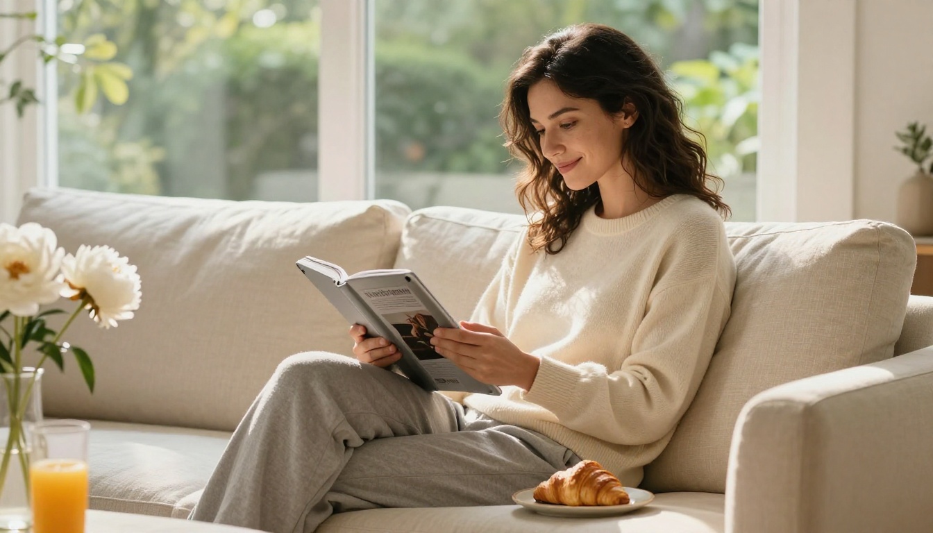 Woman reading a digital magazine on an iPad while relaxing on a cream sofa Woman reading a digital magazine on an iPad while relaxing on a cream sofa
