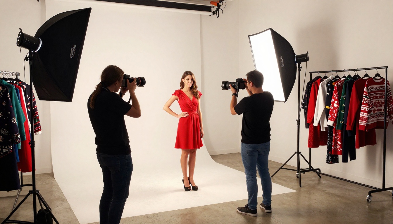 Behind-the-scenes fashion photoshoot in a bright studio: photographer shooting a model in a red dress with softbox lights, garment rack visible in background