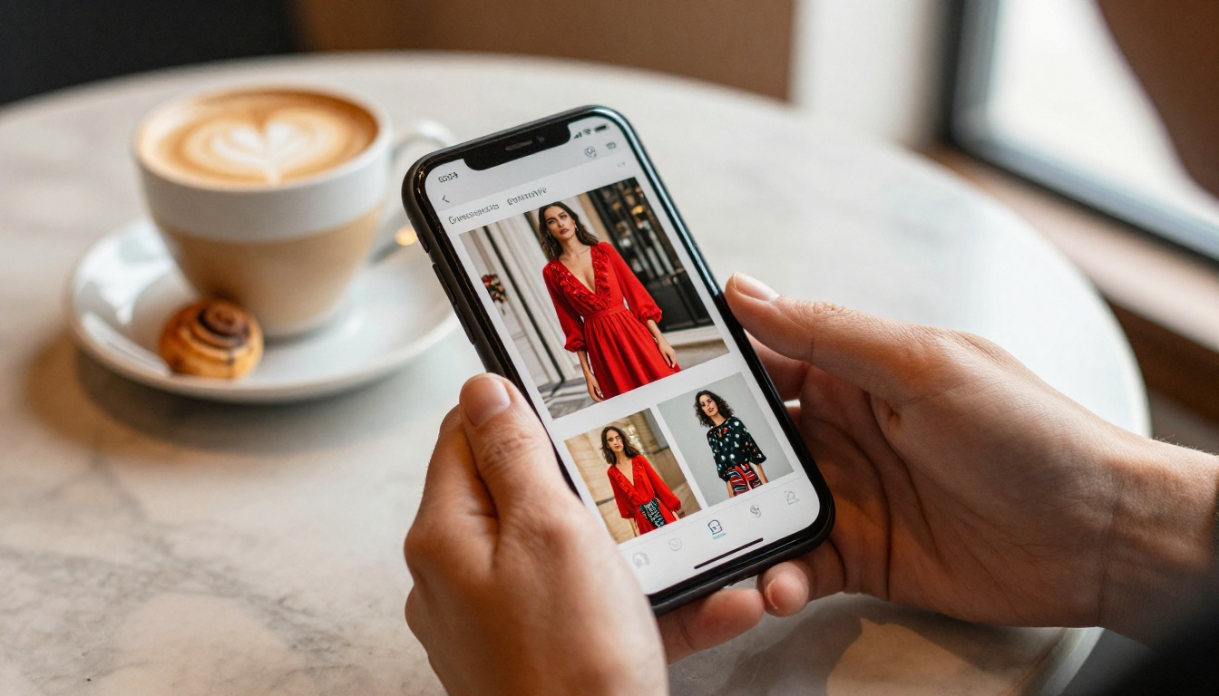 Woman's hands holding a smartphone showing a vibrant holiday lookbook flipbook with festive fashion images, warm cafe in soft focus background