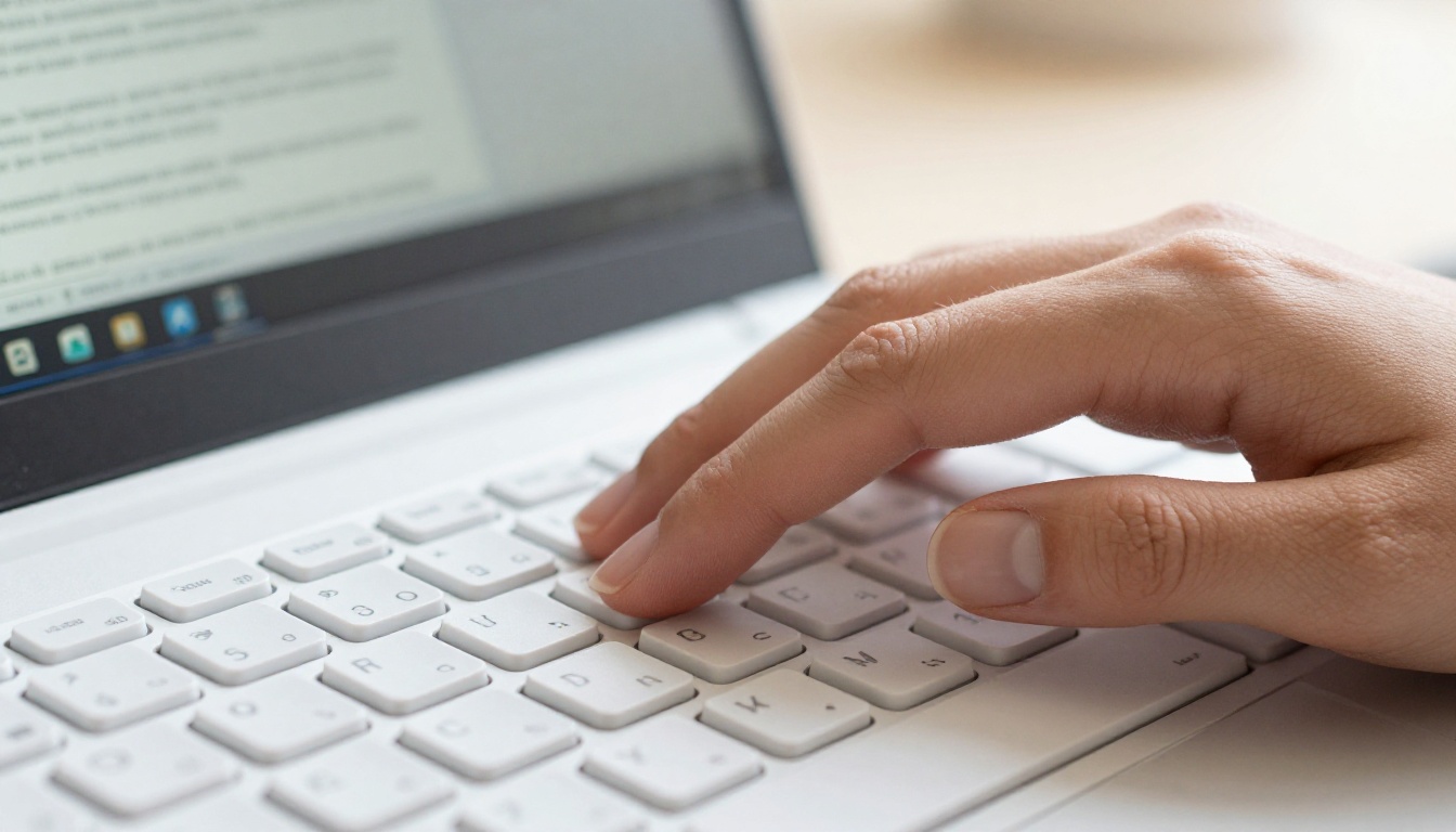 Close-up of hands typing on keyboard with PDF document open on screen in background
