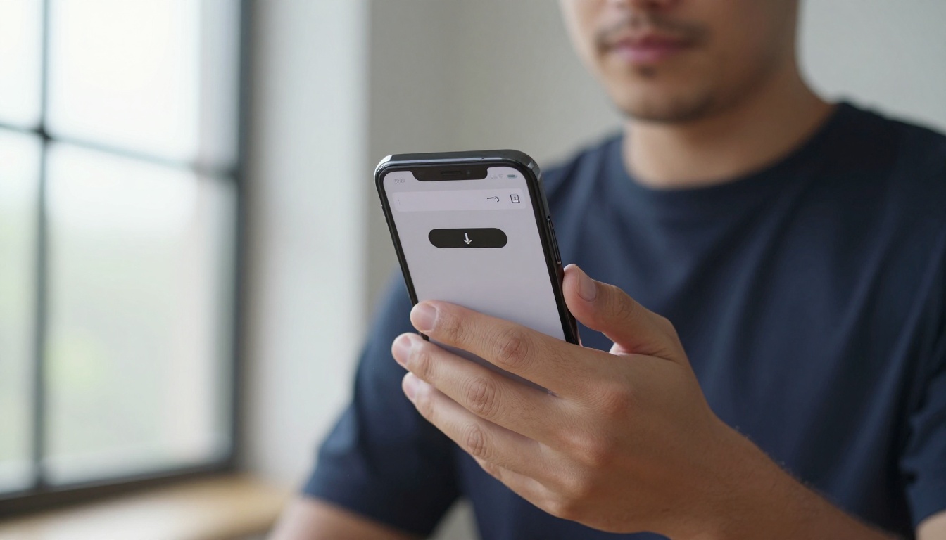 Man holding smartphone showing mobile web interface with download button visible