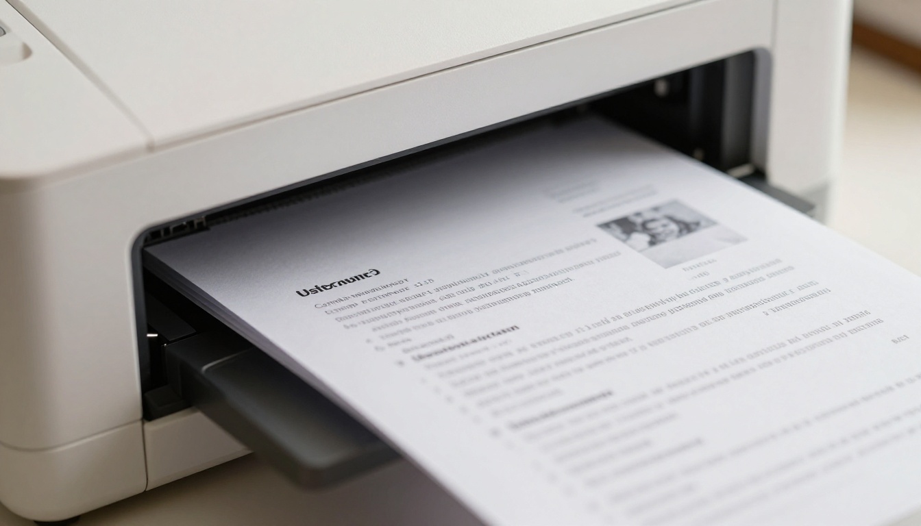 Crisp white papers emerging from a modern office laser printer with sharp paper texture