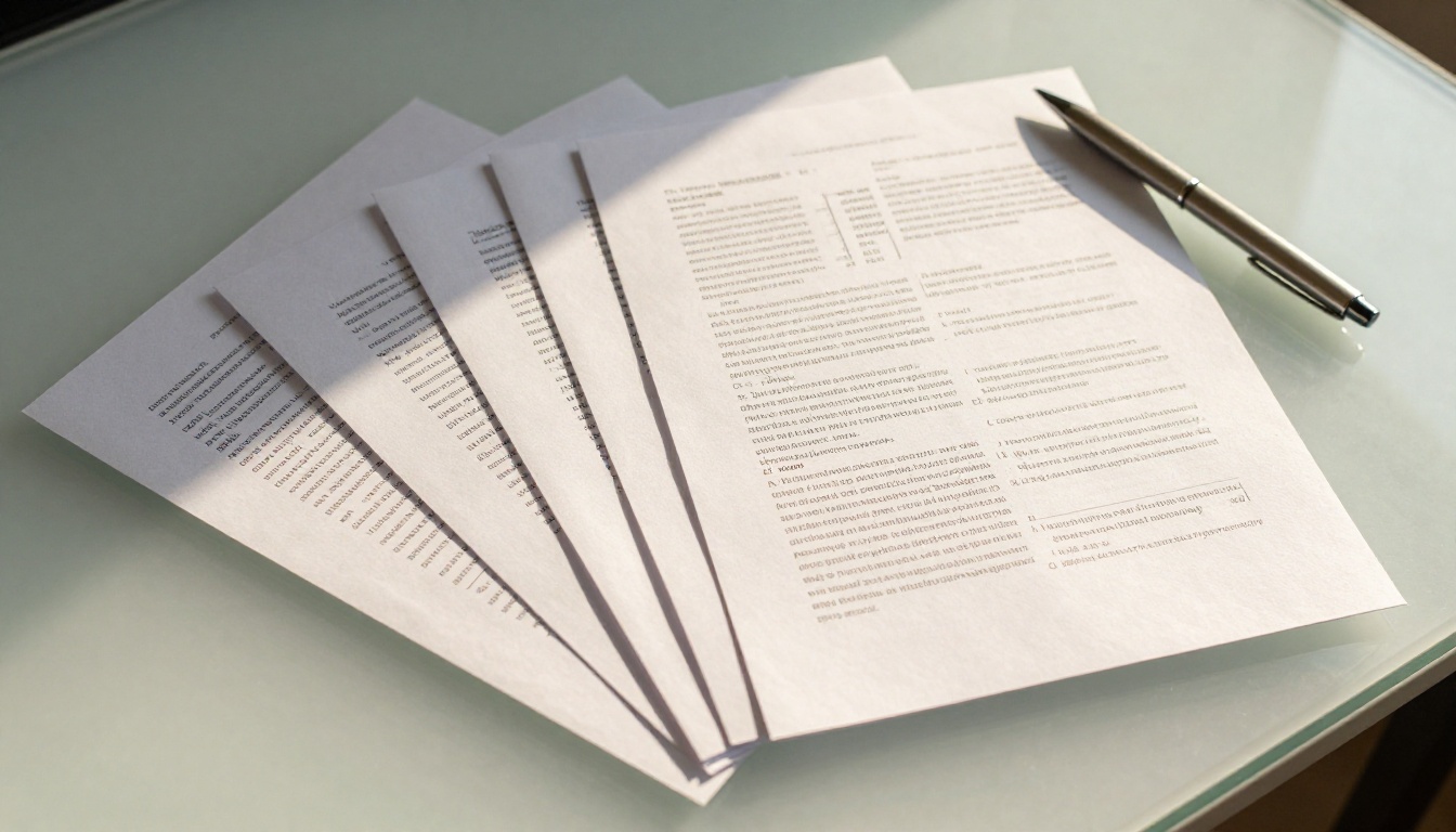 Multiple PDF document pages fanned out on a frosted glass desk surface in clean composition