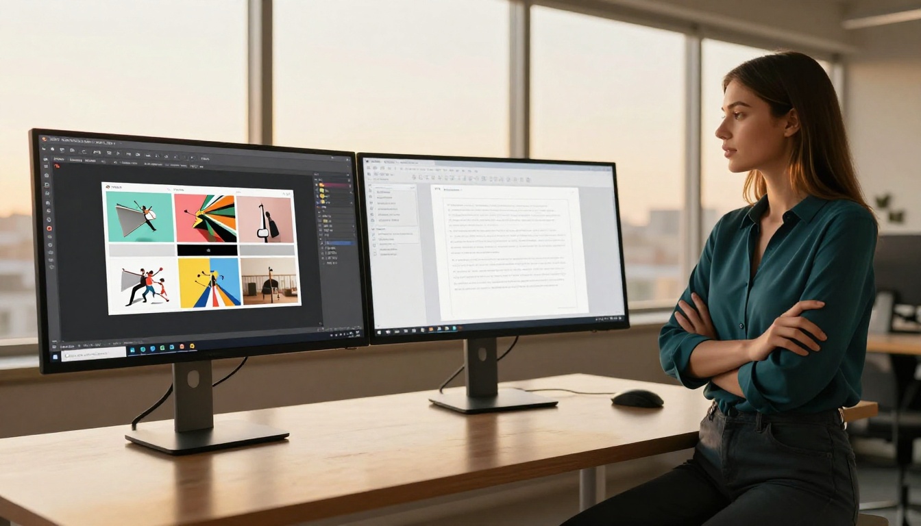 Professional workspace with dual monitors, one showing flipbook and one showing PDF document