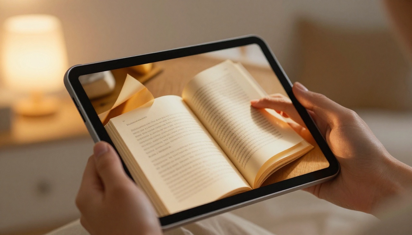 Close-up of hands holding a tablet displaying a beautifully designed digital flipbook with page-turn animation