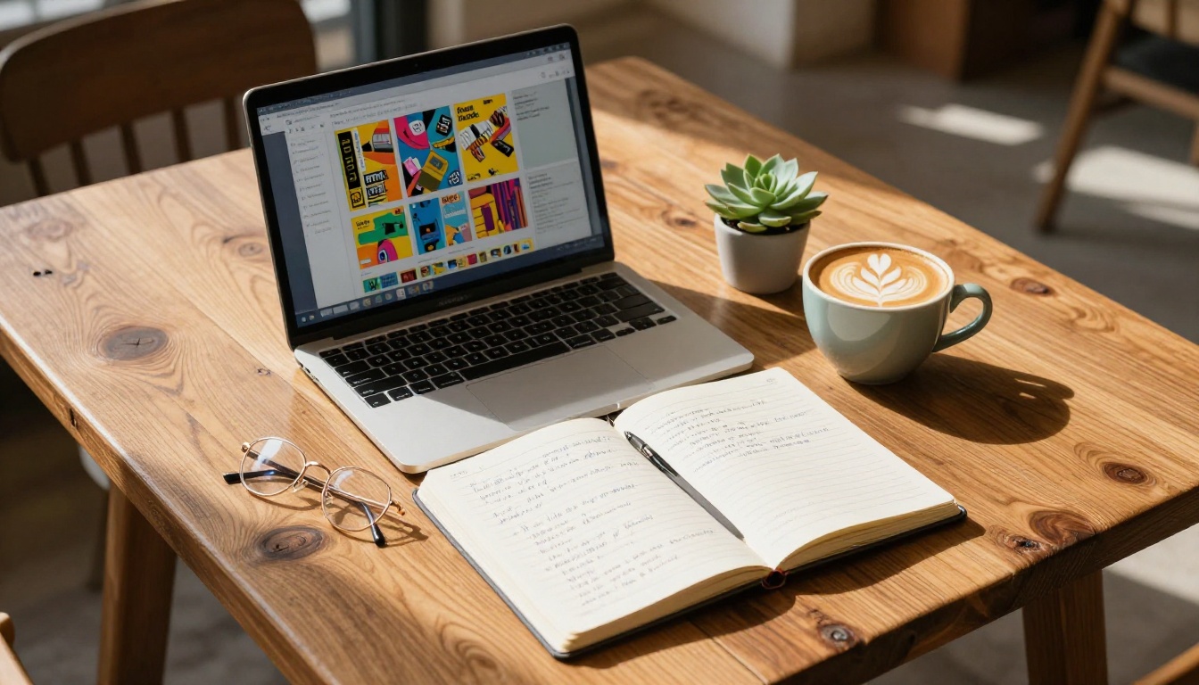 Wooden cafe table with an open laptop showing a vibrant digital flipbook, a coffee cup, and handwritten reading notes