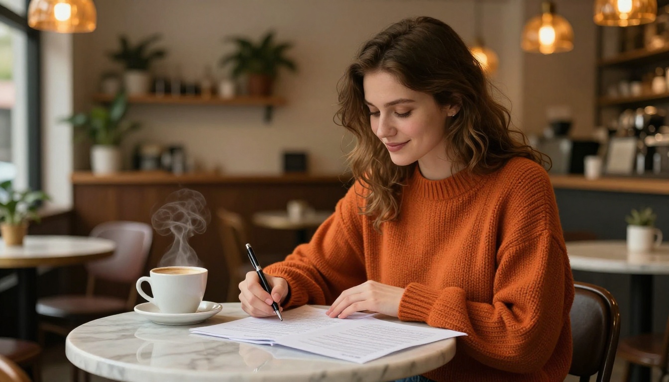 Young woman reviewing printed document pages at a marble-top table in a warmly lit coffee shop