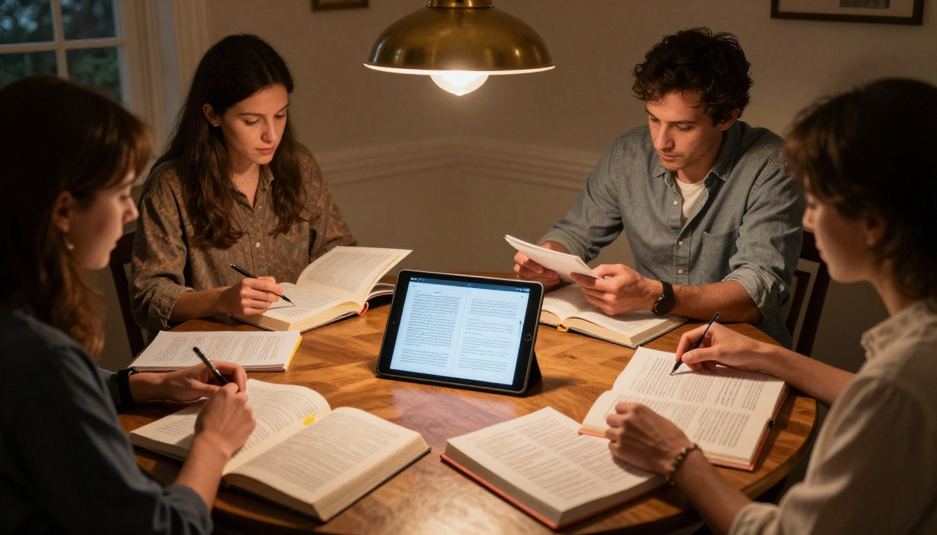 Three book club members gathered around a dining table covered in discussion notes, open books, and a glowing tablet