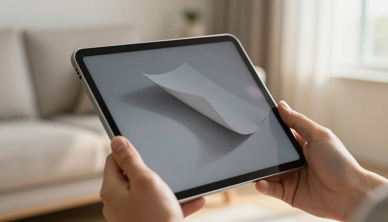 Hand holding a slim tablet horizontally showing a digital flipbook with page-curl mid-flip animation