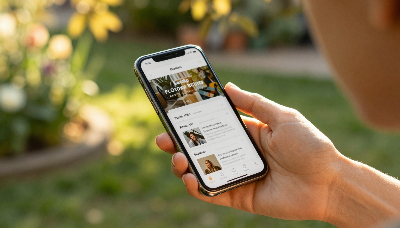 A woman's hand holding a smartphone displaying a book club digital newsletter flipbook in a sunlit garden A woman's hand holding a smartphone displaying a book club digital newsletter flipbook in a sunlit garden