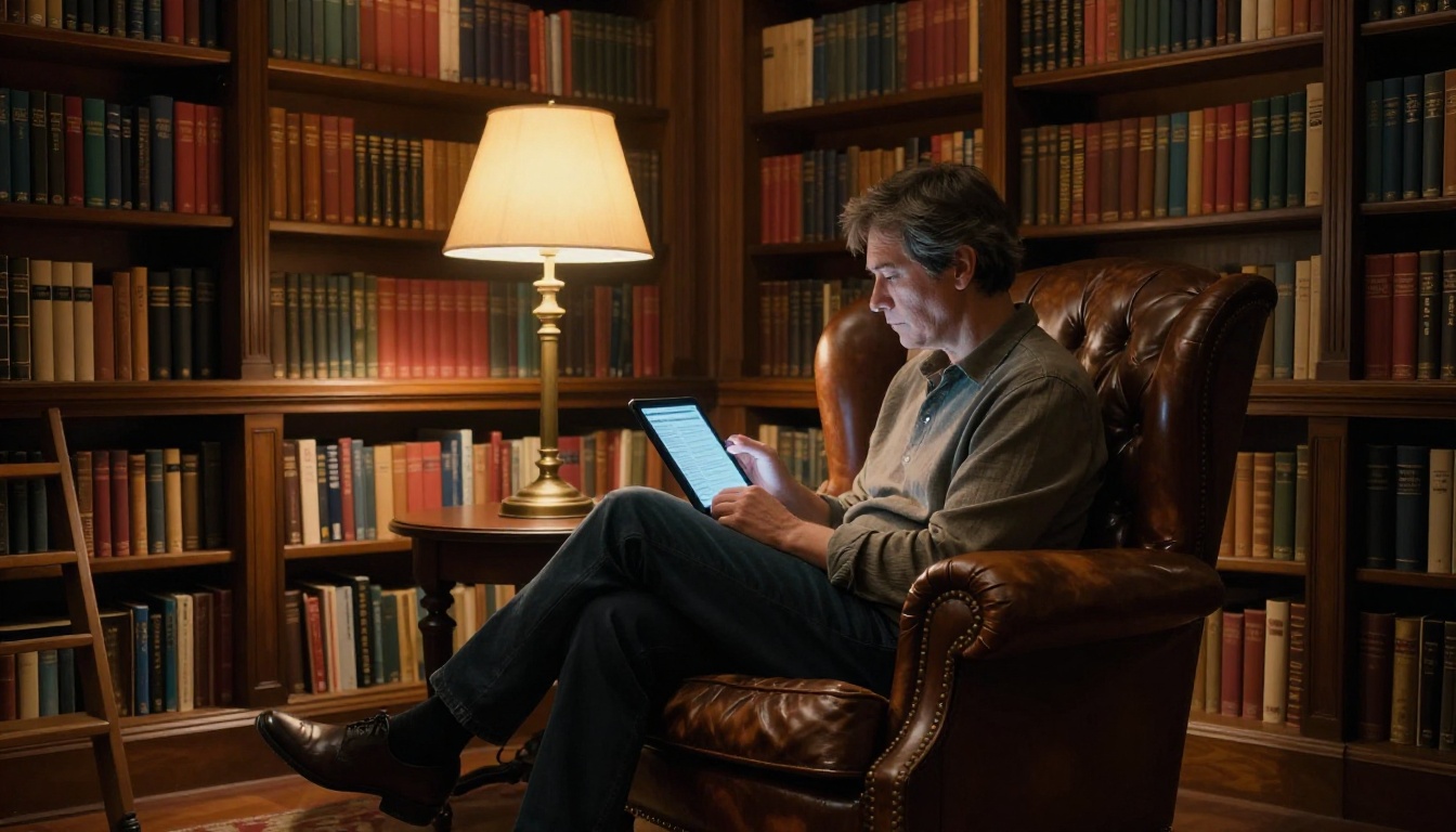 Person reading a digital flipbook on a tablet while seated in a leather armchair in a warm home library Person reading a digital flipbook on a tablet while seated in a leather armchair in a warm home library