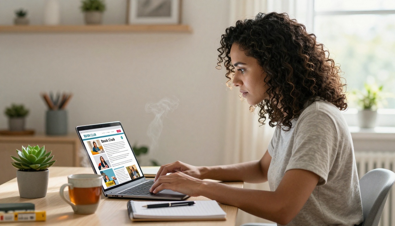 Woman with dark curly hair designing a book club newsletter as a digital flipbook on her laptop at home