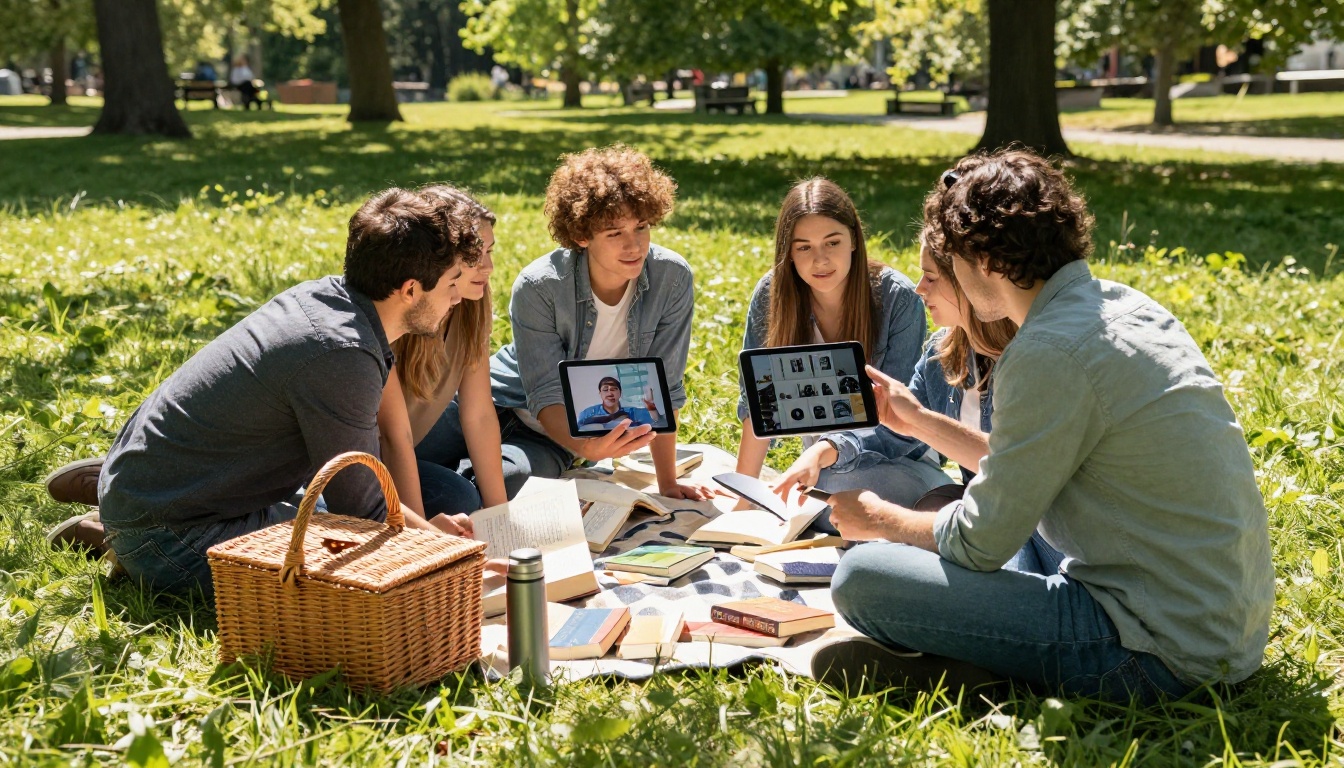 Four friends sitting on a picnic blanket in a sunny park, one person showing a digital flipbook on a tablet to the group Four friends sitting on a picnic blanket in a sunny park, one person showing a digital flipbook on a tablet to the group