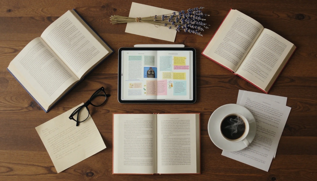 Aerial flat lay of reading club materials: tablet displaying a digital flipbook, physical books, coffee, reading glasses, and handwritten notes Aerial flat lay of reading club materials: tablet displaying a digital flipbook, physical books, coffee, reading glasses, and handwritten notes