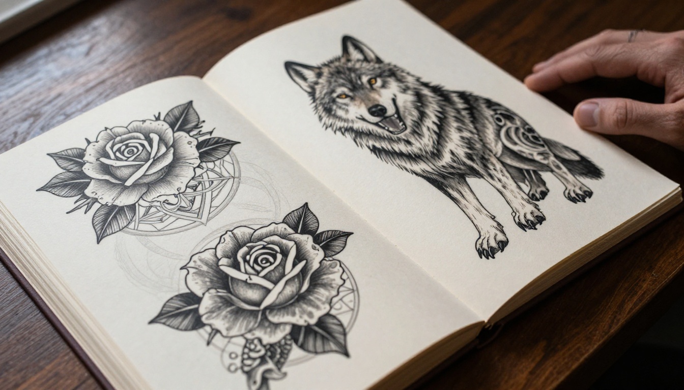 Detailed tattoo flash art portfolio pages laid open on a dark walnut table, intricate black and grey designs visible in crisp detail Detailed tattoo flash art portfolio pages laid open on a dark walnut table, intricate black and grey designs visible in crisp detail