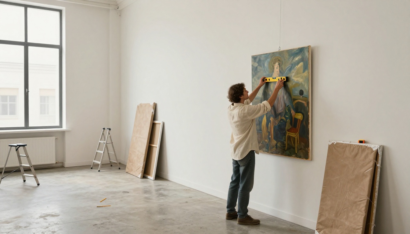 Artist carefully hanging a large-format painting on a pristine white gallery wall during quiet pre-show installation preparation