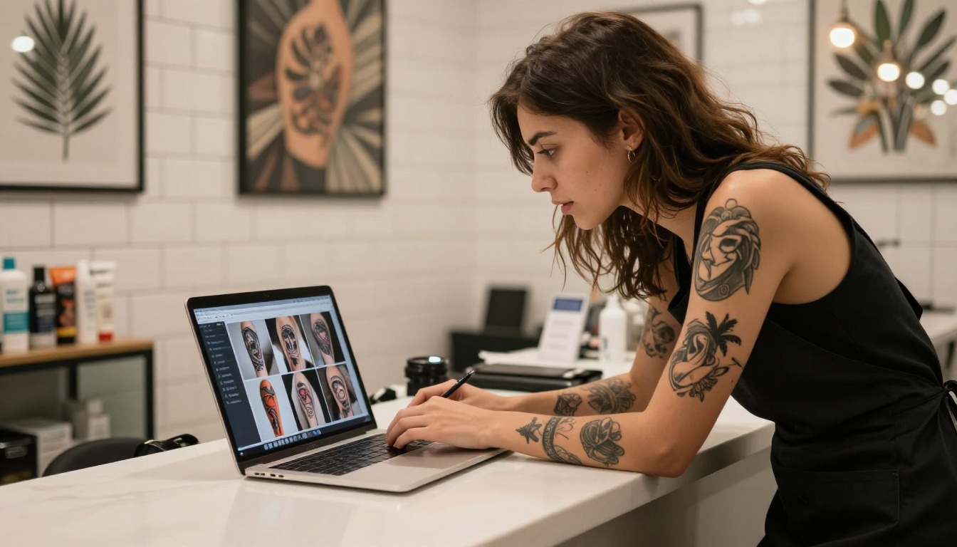 A tattoo artist in a black apron showing a portfolio on a MacBook Pro to a seated client inside a clean modern studio A tattoo artist in a black apron showing a portfolio on a MacBook Pro to a seated client inside a clean modern studio