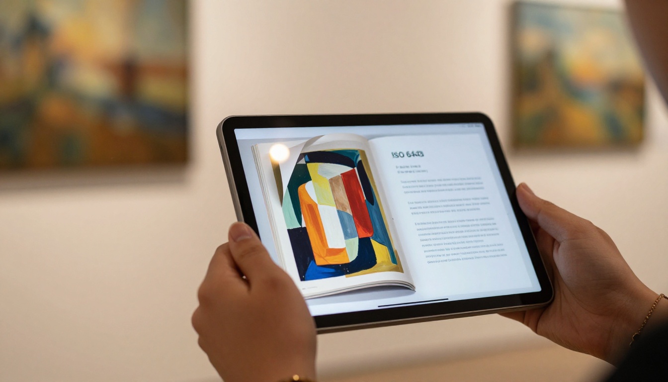 Elegant hands holding a slim tablet displaying a digital art exhibition flipbook mid-page-turn, softly blurred gallery wall and impressionist painting visible behind