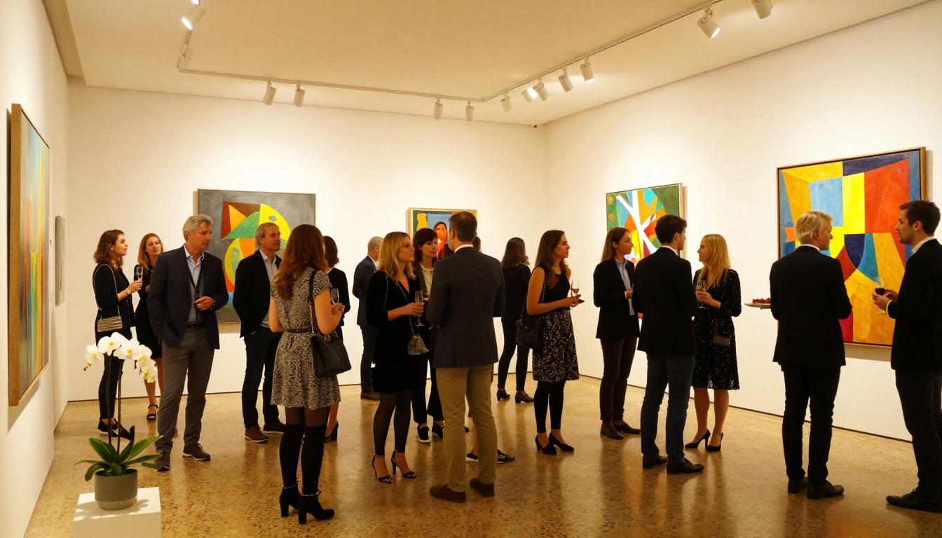 A sophisticated art gallery opening evening event with elegantly dressed guests holding champagne flutes, mingling in front of large colorful canvases on white walls