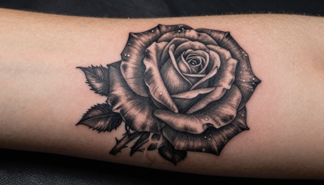 Extreme macro close-up of a healed black and grey rose tattoo on a forearm showing hyper-realistic skin texture and ink depth Extreme macro close-up of a healed black and grey rose tattoo on a forearm showing hyper-realistic skin texture and ink depth