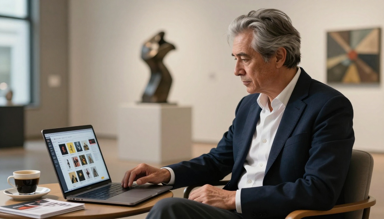 A distinguished art collector with silver-streaked hair in a tailored navy blazer reviewing a digital gallery portfolio catalog on a laptop in a minimalist gallery chair