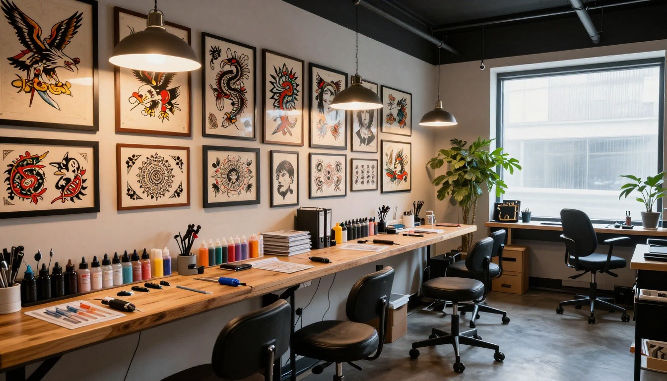 Wide interior shot of a beautifully organized tattoo studio with flash art covering the walls and warm pendant lighting overhead Wide interior shot of a beautifully organized tattoo studio with flash art covering the walls and warm pendant lighting overhead