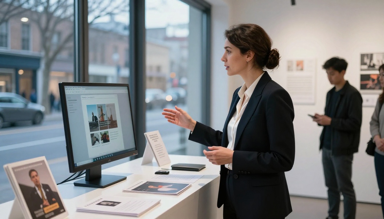 A female gallery curator in a structured black blazer reviewing digital flipbook materials on a large monitor at a sleek white reception desk with printed catalogs nearby