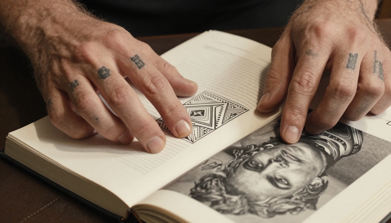 Close-up of tattooed hands carefully turning the page of a thick printed portfolio book resting on a dark leather surface Close-up of tattooed hands carefully turning the page of a thick printed portfolio book resting on a dark leather surface
