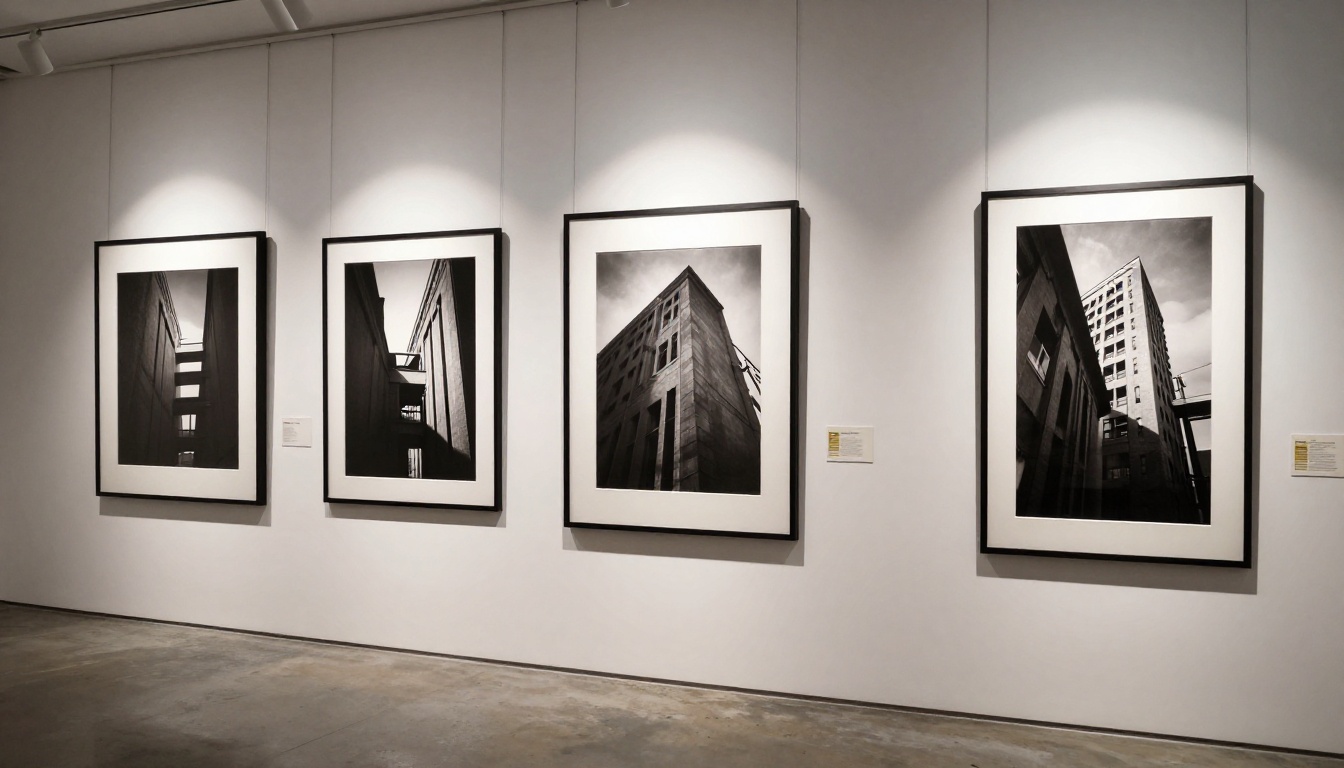 Five large-format black-and-white photographic prints in thin black frames illuminated by individual gallery spotlights on a pristine white wall, low-angle perspective