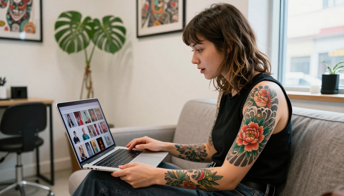 A tattooed woman sitting on a modern sofa in a tattoo studio waiting area, looking genuinely impressed at a digital flipbook portfolio on her laptop A tattooed woman sitting on a modern sofa in a tattoo studio waiting area, looking genuinely impressed at a digital flipbook portfolio on her laptop