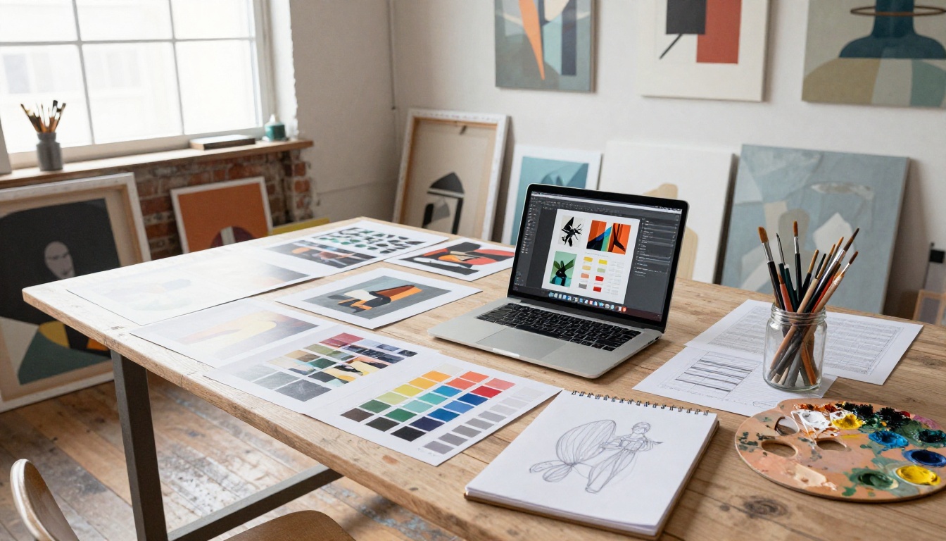 An artist's bright studio with a worktable covered in artwork reference sheets, paint swatches, and an open laptop showing catalog layout software, flooded by natural north light from an industrial skylight