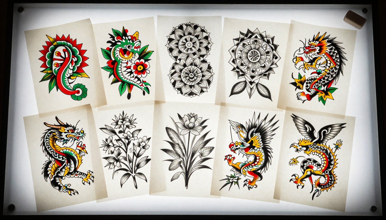 Overhead flat-lay aerial shot of multiple tattoo flash art sheets spread across a light table showing American traditional, Japanese, and geometric styles Overhead flat-lay aerial shot of multiple tattoo flash art sheets spread across a light table showing American traditional, Japanese, and geometric styles