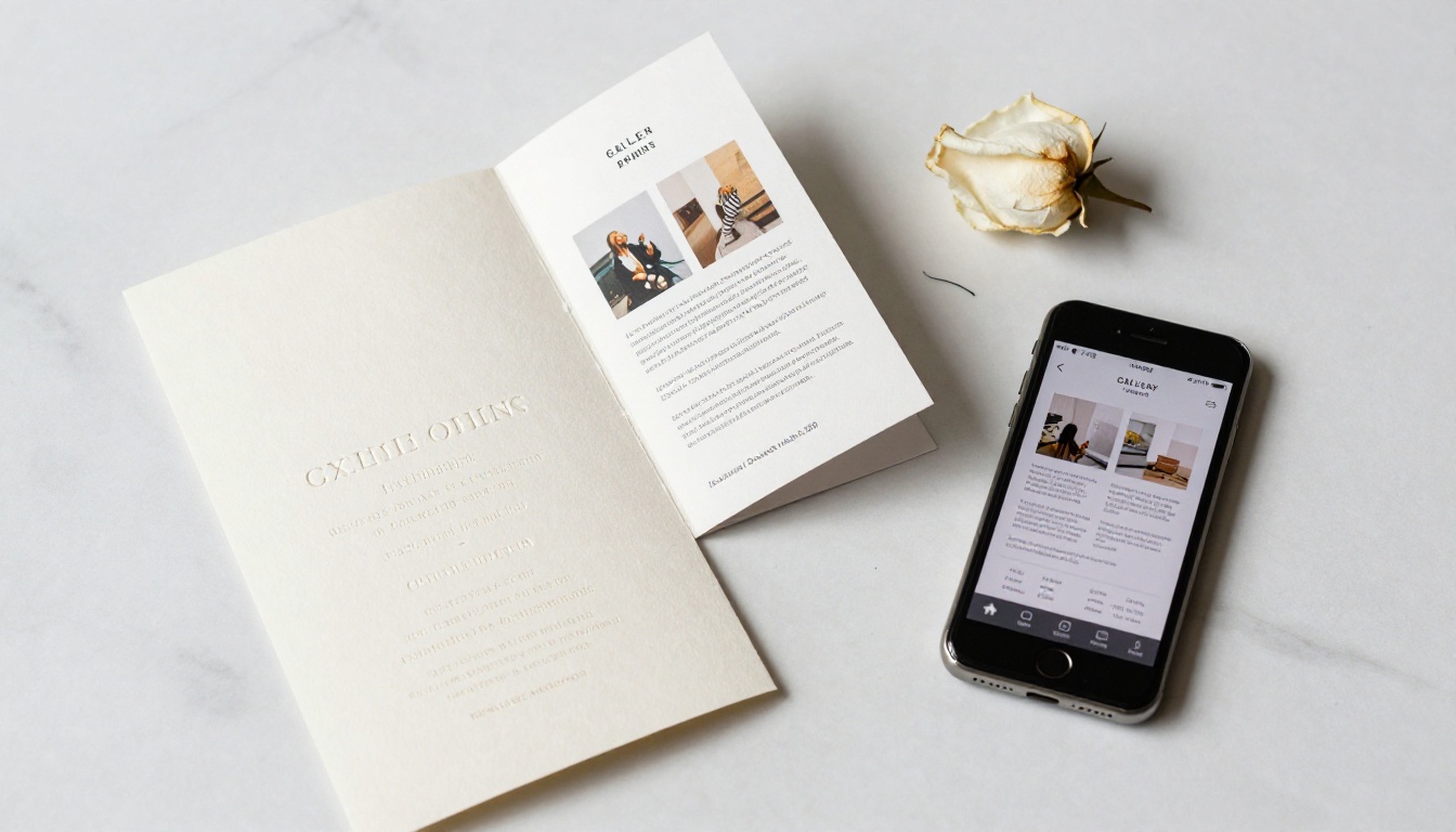 Flat-lay of elegant gallery opening invitation materials on white marble: embossed cream card stock invitation, artist biography card, printed catalog brochure, and smartphone showing a digital flipbook animation