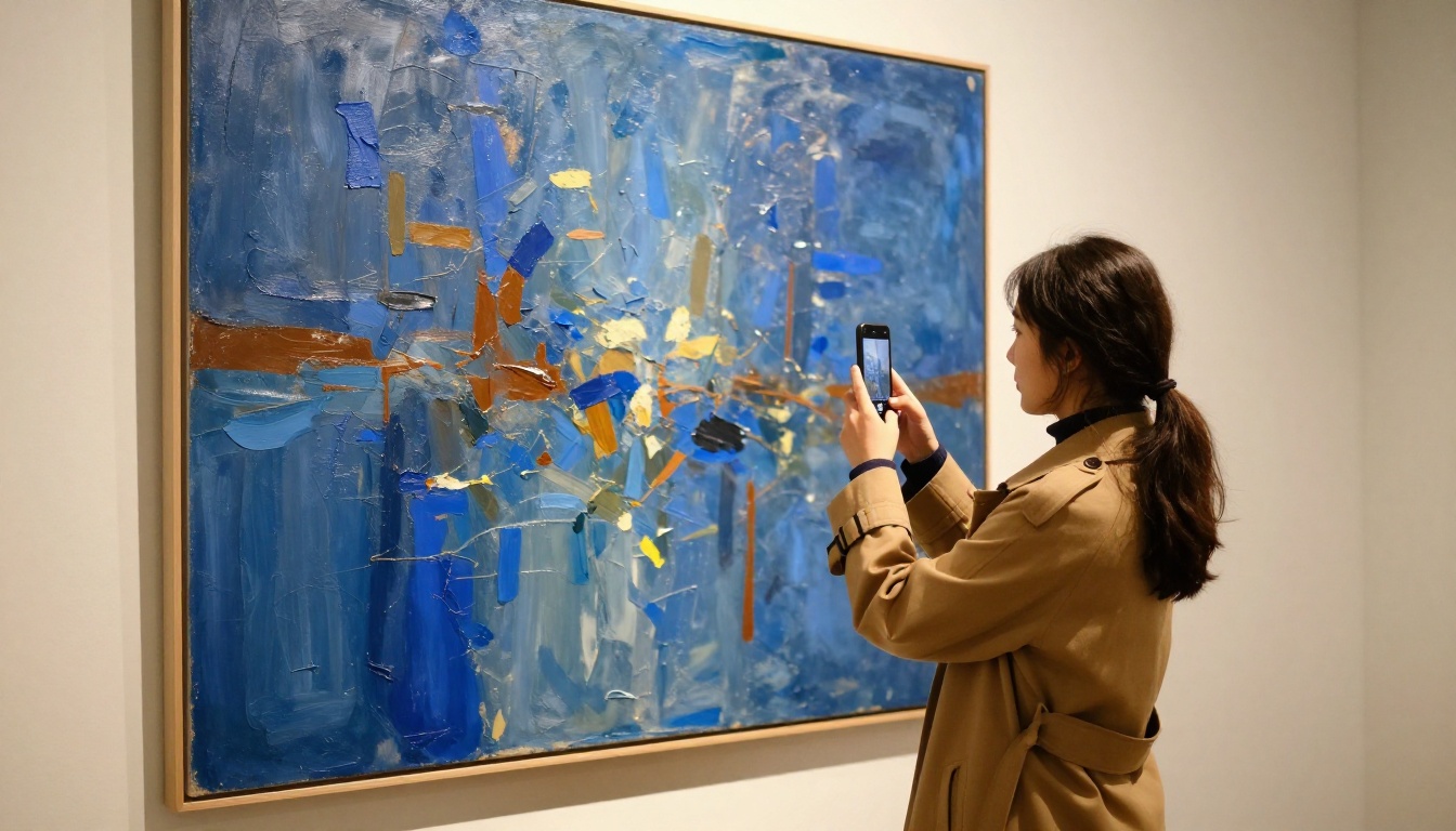 A young woman gallery visitor in a camel trench coat holding her smartphone up to photograph the rich impasto surface of a large abstract painting with cobalt blue and burnt sienna textures