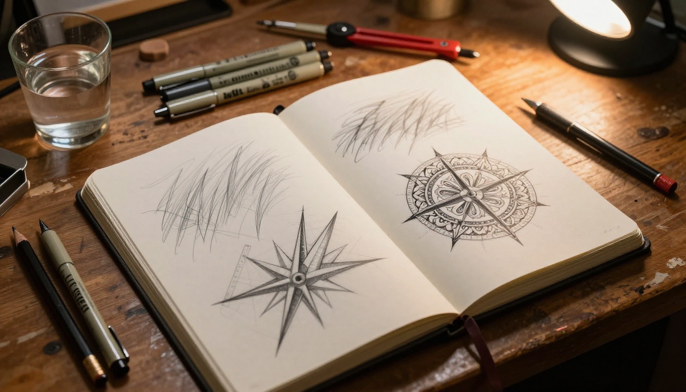 Open artist sketchbook on a worn wooden drafting table filled with detailed pencil tattoo design drawings in various stages of completion Open artist sketchbook on a worn wooden drafting table filled with detailed pencil tattoo design drawings in various stages of completion